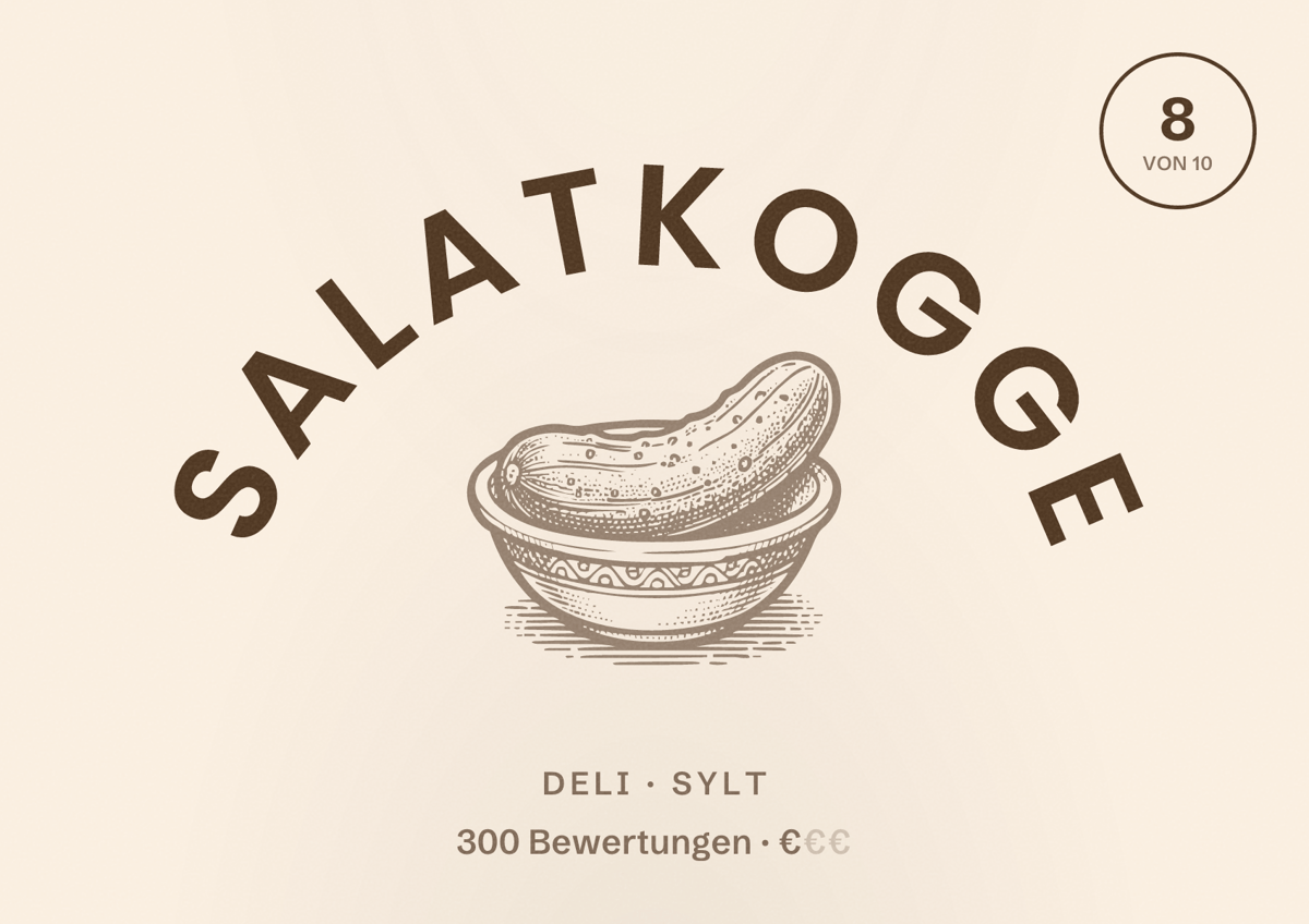 Illustriertes Poster von Salatkogge, Deli in Sylt: Bewertung 8 von 10 aus 300 Bewertungen, Preisniveau €