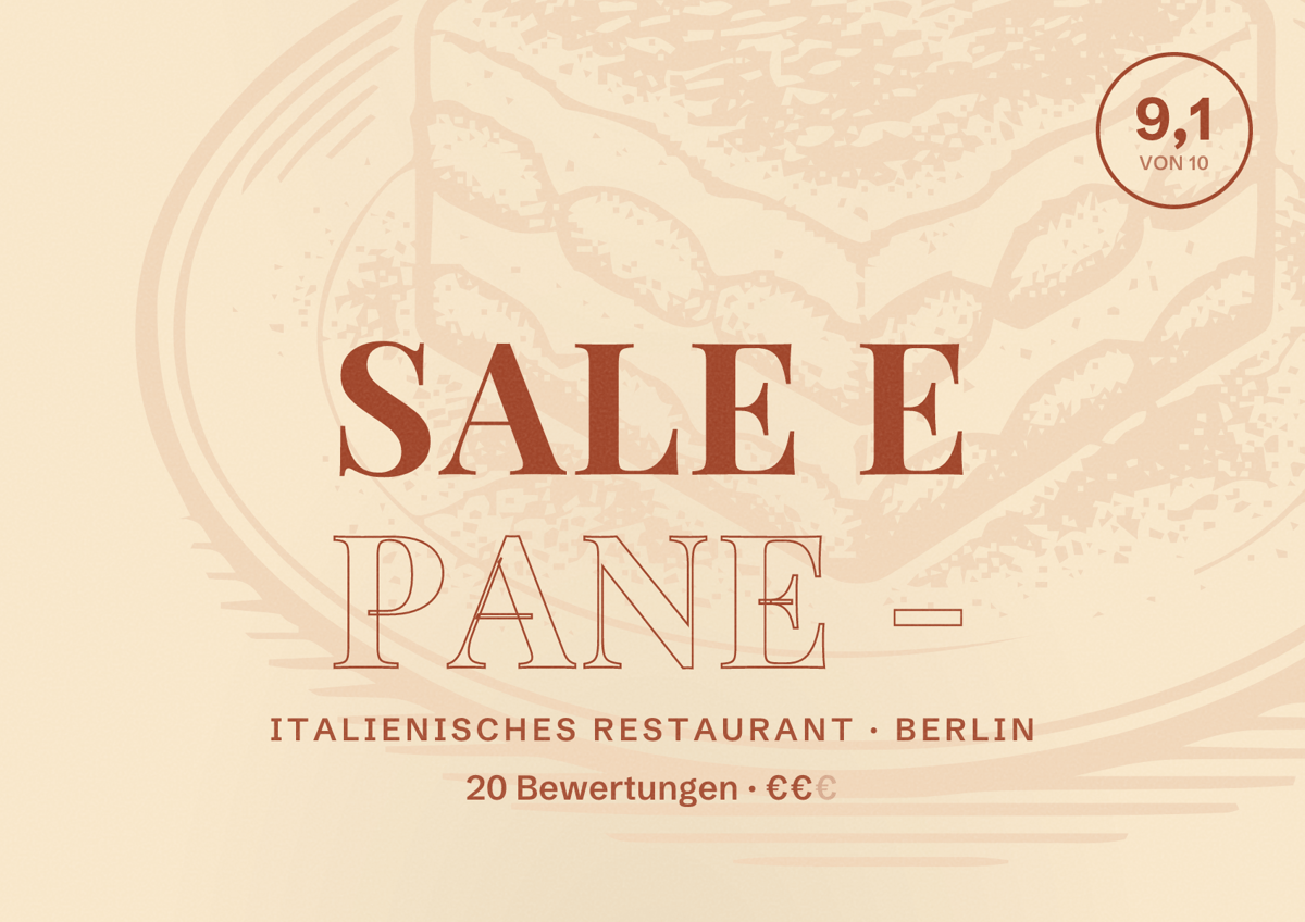 Illustriertes Poster von Sale e Pane -, Italienisches Restaurant in Berlin: Bewertung 9,1 von 10 aus 20 Bewertungen, Preisniveau €€
