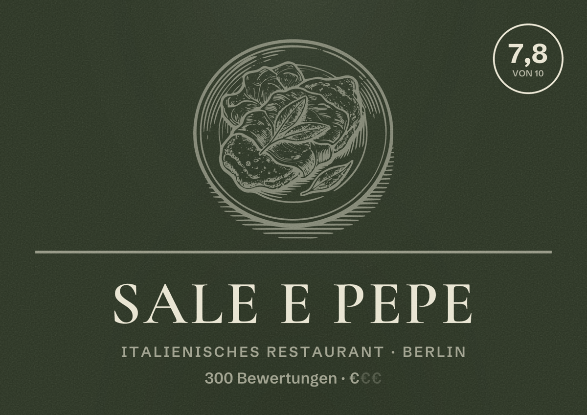 Illustriertes Poster von Sale e Pepe, Italienisches Restaurant in Berlin: Bewertung 7,8 von 10 aus 300 Bewertungen, Preisniveau €