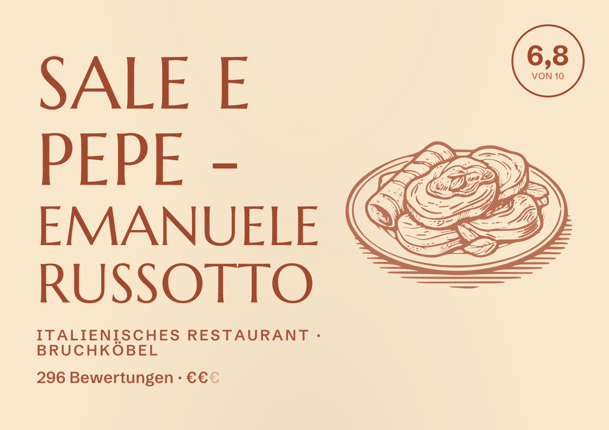 Illustriertes Poster von Sale e Pepe - Emanuele Russotto, Italienisches Restaurant in Bruchköbel: Bewertung 6,8 von 10 aus 296 Bewertungen, Preisniveau €€