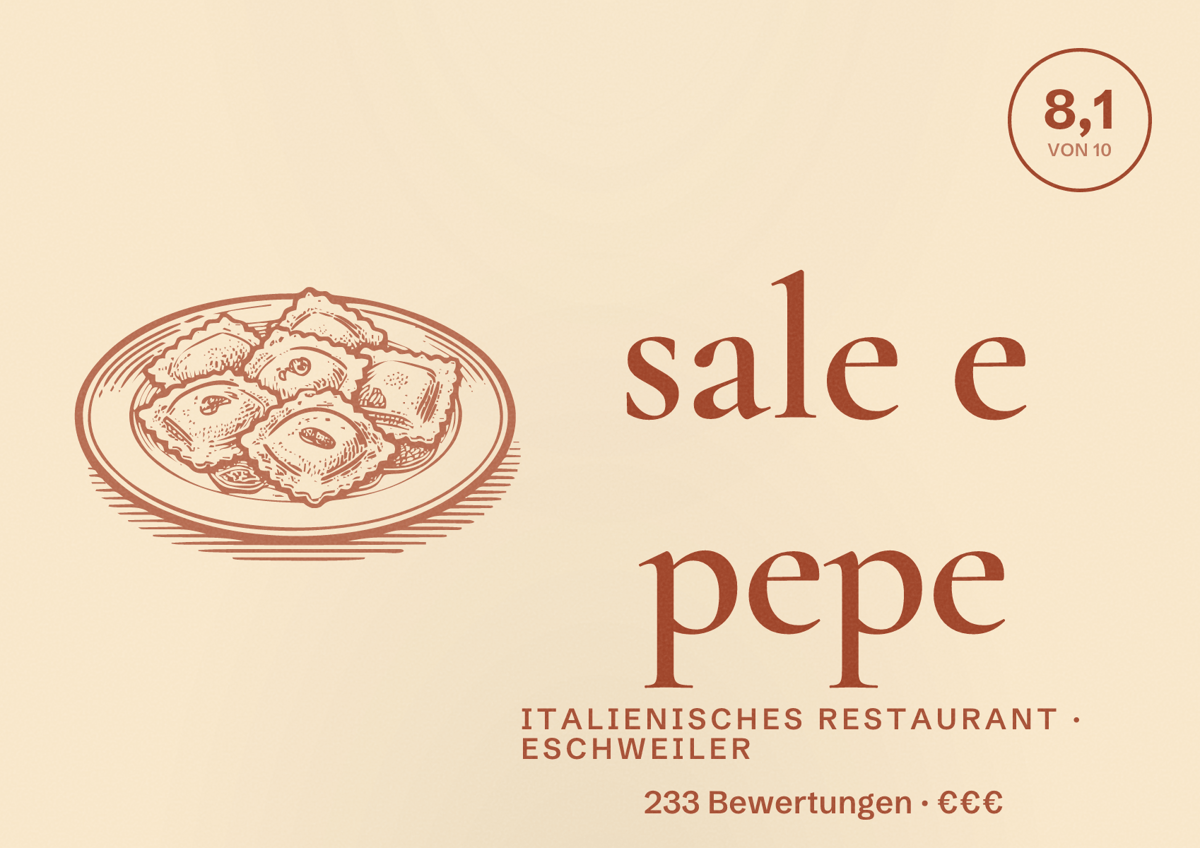 Illustriertes Poster von sale e pepe, Italienisches Restaurant in Eschweiler: Bewertung 8,1 von 10 aus 233 Bewertungen, Preisniveau €€€