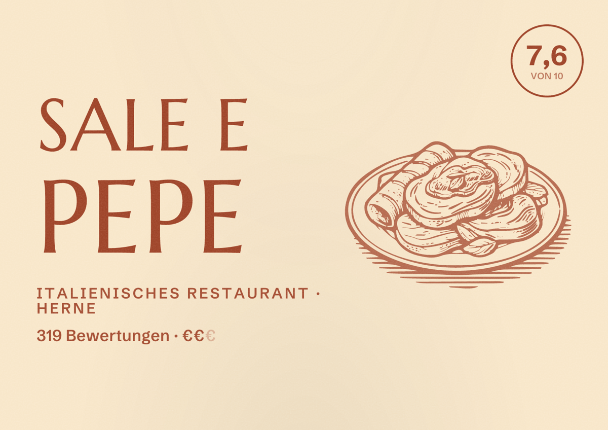 Illustriertes Poster von Sale e Pepe, Italienisches Restaurant in Herne: Bewertung 7,6 von 10 aus 319 Bewertungen, Preisniveau €€