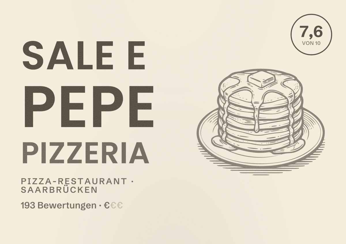 Illustriertes Poster von Sale e Pepe Pizzeria, Pizza-Restaurant in Saarbrücken: Bewertung 7,6 von 10 aus 193 Bewertungen, Preisniveau €
