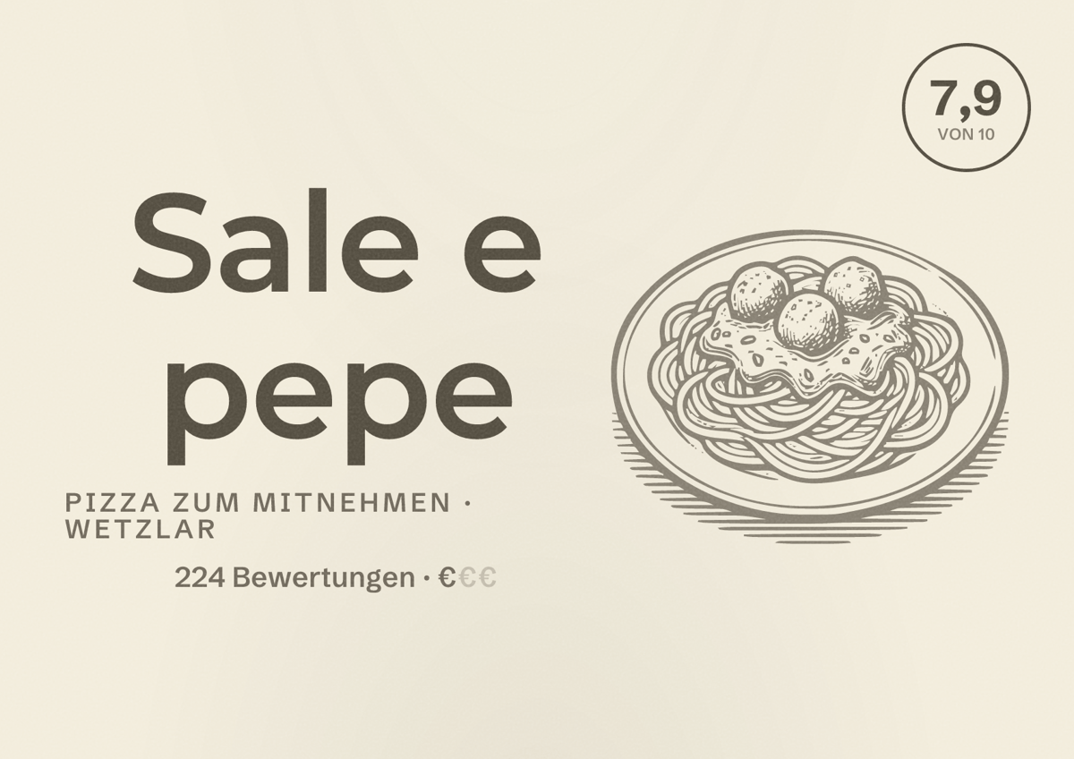 Illustriertes Poster von Sale e pepe, Pizza zum Mitnehmen in Wetzlar: Bewertung 7,9 von 10 aus 224 Bewertungen, Preisniveau €