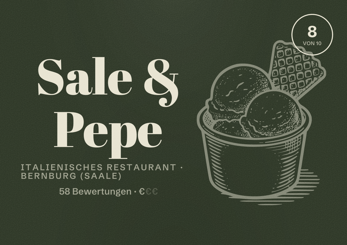 Illustriertes Poster von Sale & Pepe, Italienisches Restaurant in Bernburg (Saale): Bewertung 8 von 10 aus 58 Bewertungen, Preisniveau €
