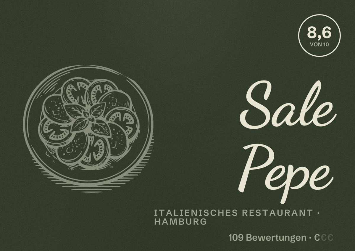 Illustriertes Poster von Sale Pepe, Italienisches Restaurant in Hamburg: Bewertung 8,6 von 10 aus 109 Bewertungen, Preisniveau €