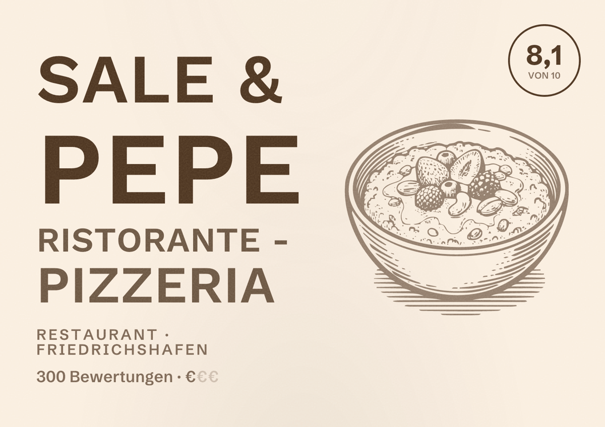 Illustriertes Poster von Sale & Pepe Ristorante - Pizzeria, Restaurant in Friedrichshafen: Bewertung 8,1 von 10 aus 300 Bewertungen, Preisniveau €
