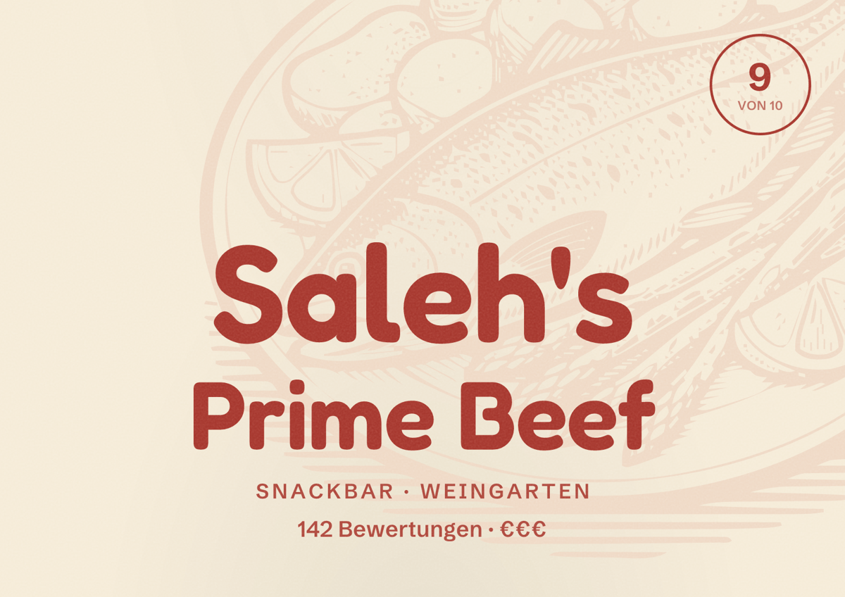 Illustriertes Poster von Saleh's Prime Beef, Snackbar in Weingarten: Bewertung 9 von 10 aus 142 Bewertungen, Preisniveau €€€