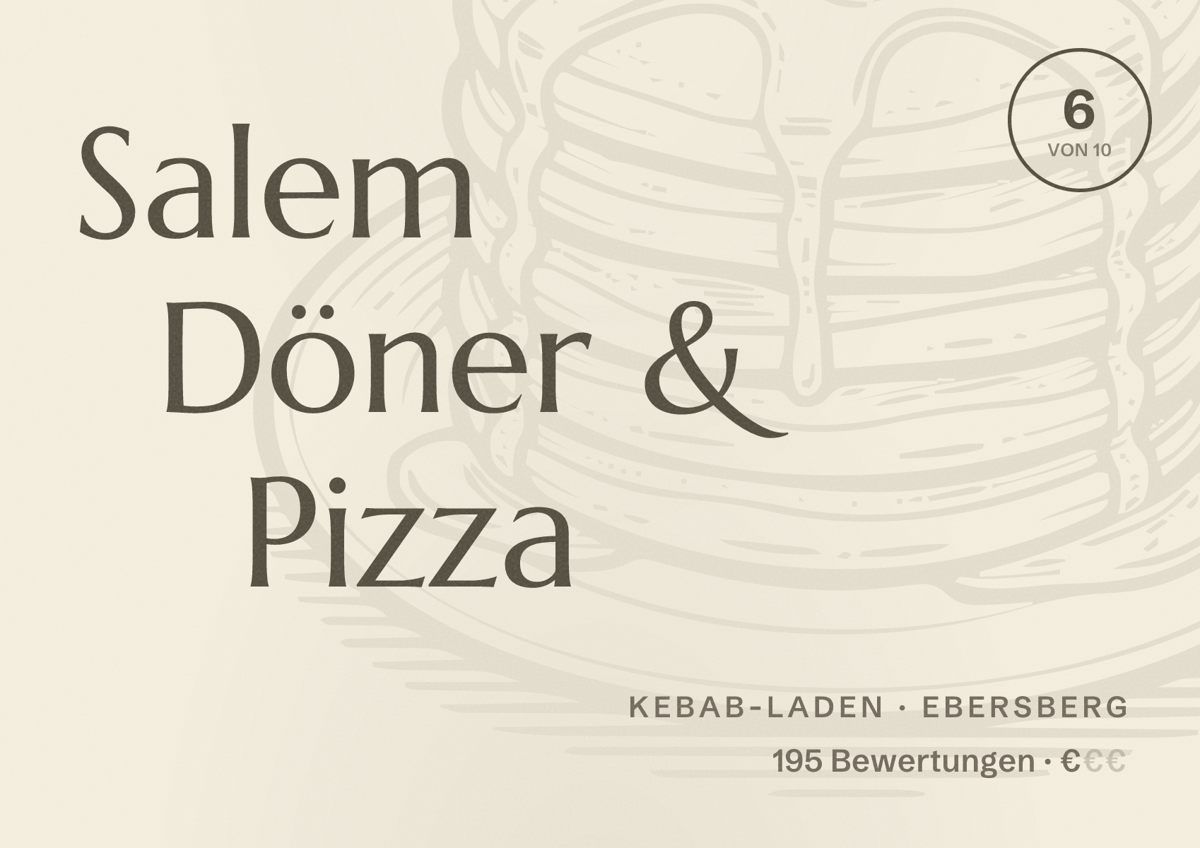 Illustriertes Poster von Salem Döner & Pizza, Kebab-Laden in Ebersberg: Bewertung 6 von 10 aus 195 Bewertungen, Preisniveau €