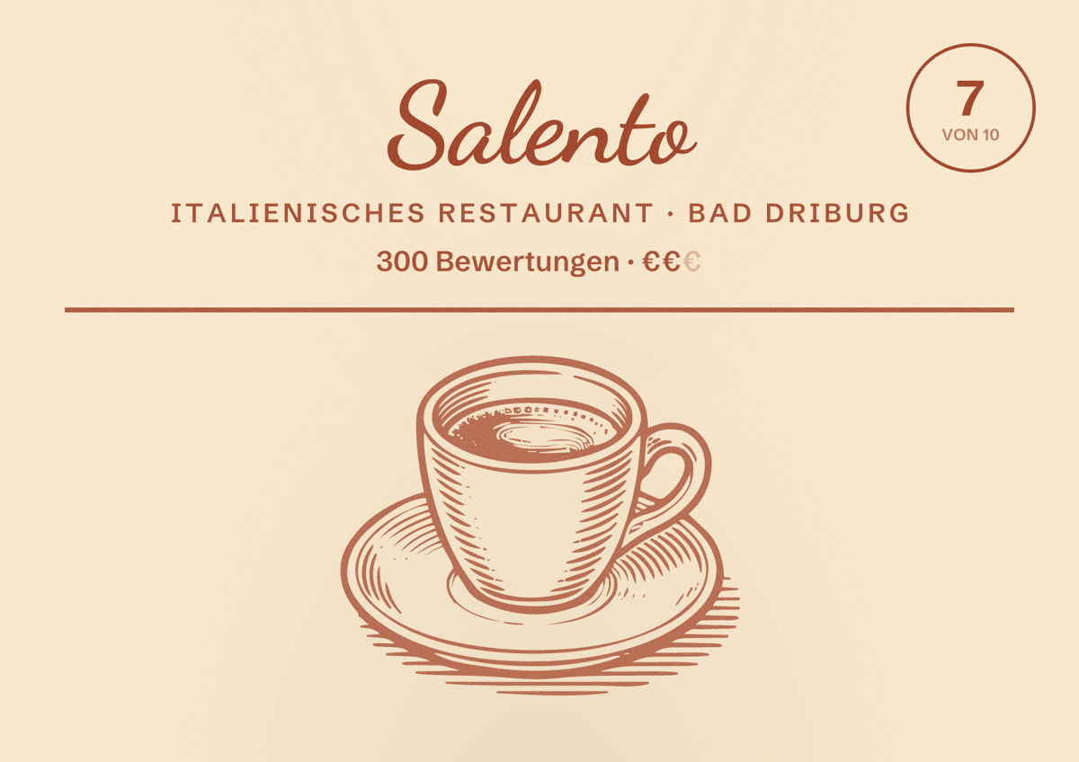 Illustriertes Poster von Salento, Italienisches Restaurant in Bad Driburg: Bewertung 7 von 10 aus 300 Bewertungen, Preisniveau €€