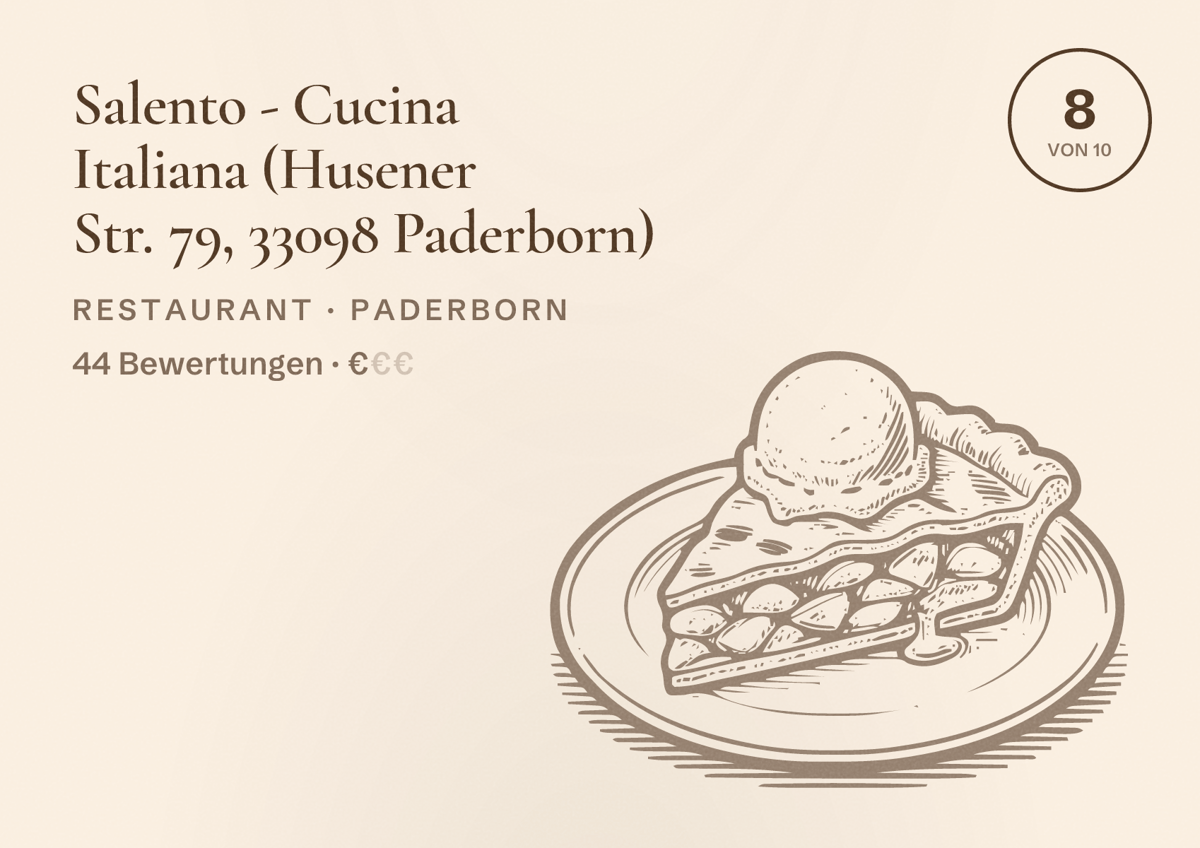 Illustriertes Poster von Salento - Cucina Italiana (Husener Str. 79, 33098 Paderborn), Restaurant in Paderborn: Bewertung 8 von 10 aus 44 Bewertungen, Preisniveau €