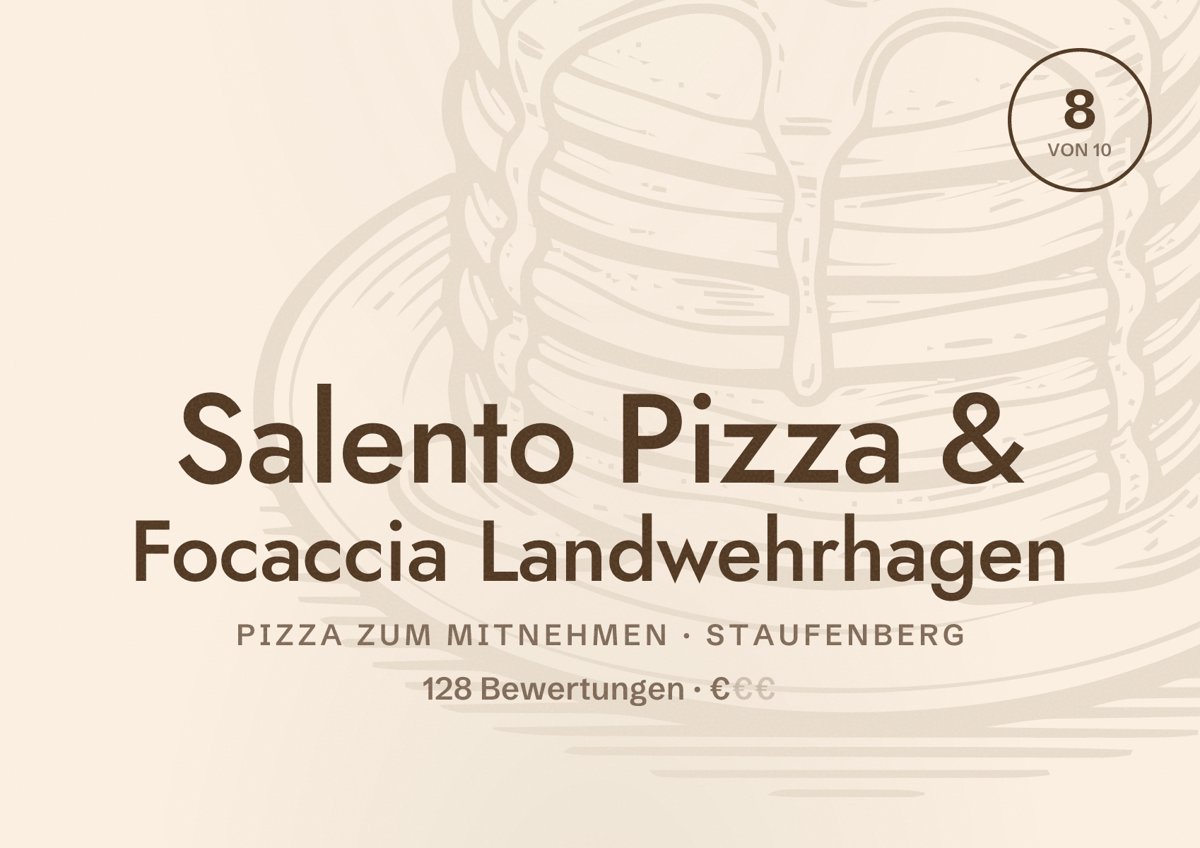 Illustriertes Poster von Salento Pizza & Focaccia Landwehrhagen, Pizza zum Mitnehmen in Staufenberg: Bewertung 8 von 10 aus 128 Bewertungen, Preisniveau €
