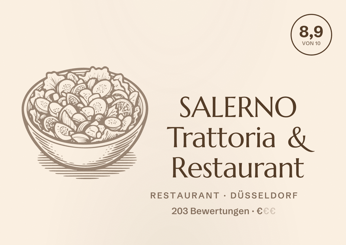 Illustriertes Poster von SALERNO Trattoria & Restaurant, Restaurant in Düsseldorf: Bewertung 8,9 von 10 aus 203 Bewertungen, Preisniveau €