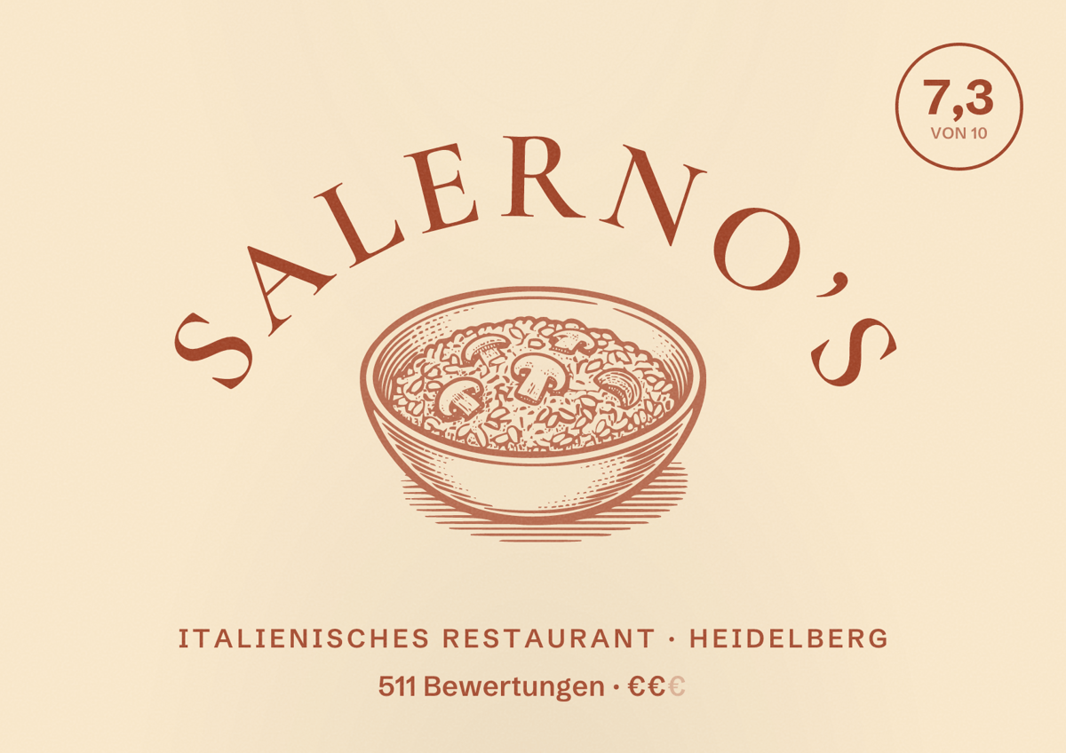 Illustriertes Poster von Salerno’s, Italienisches Restaurant in Heidelberg: Bewertung 7,3 von 10 aus 511 Bewertungen, Preisniveau €€