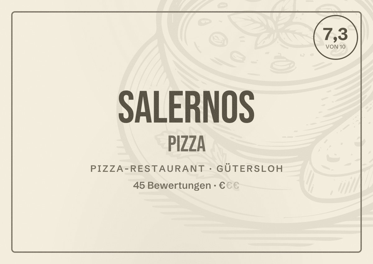 Illustriertes Poster von Salernos Pizza, Pizza-Restaurant in Gütersloh: Bewertung 7,3 von 10 aus 45 Bewertungen, Preisniveau €
