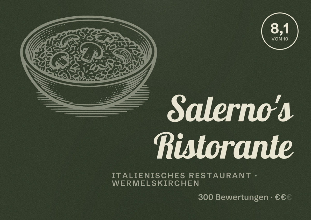 Illustriertes Poster von Salerno's Ristorante, Italienisches Restaurant in Wermelskirchen: Bewertung 8,1 von 10 aus 300 Bewertungen, Preisniveau €€