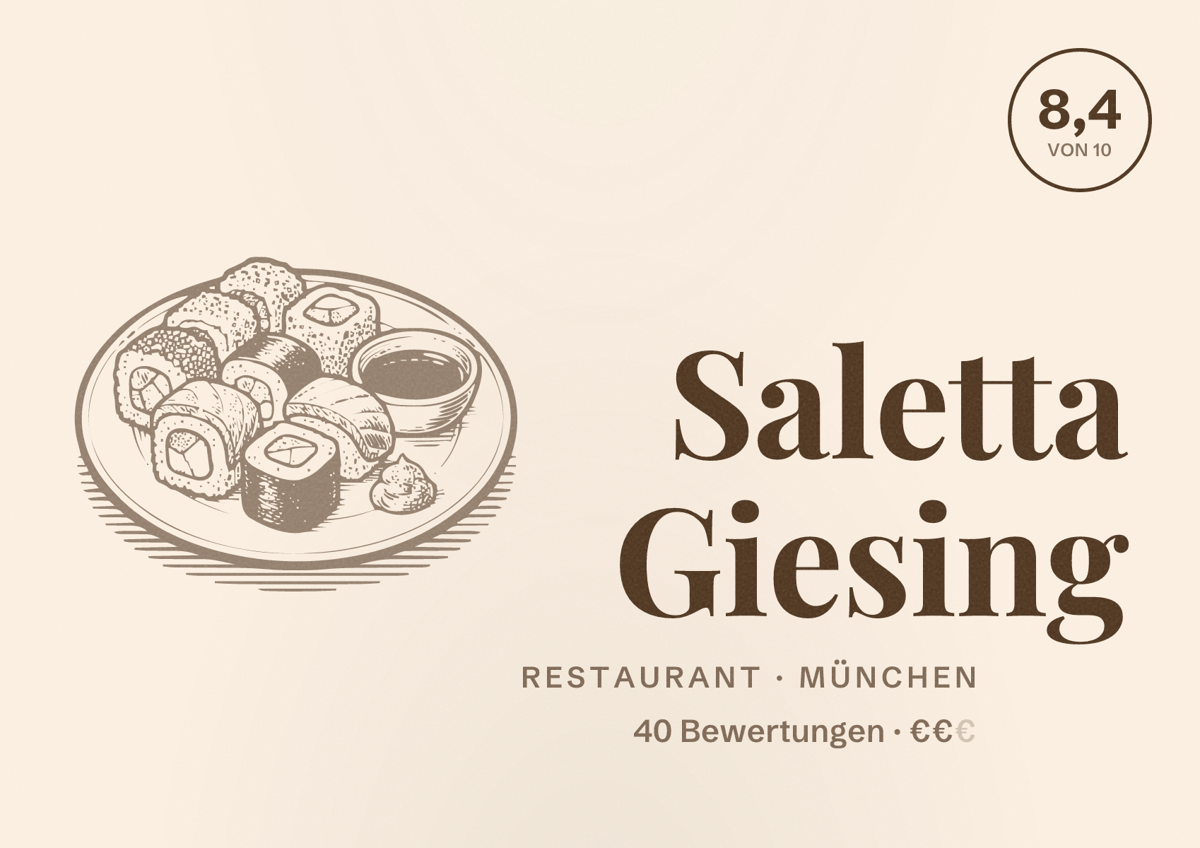 Illustriertes Poster von Saletta Giesing, Restaurant in München: Bewertung 8,4 von 10 aus 40 Bewertungen, Preisniveau €€