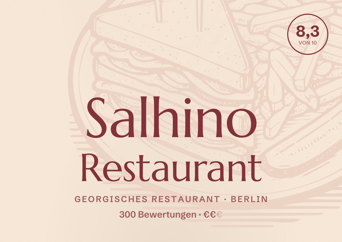 Illustriertes Poster von Salhino Restaurant, Georgisches Restaurant in Berlin: Bewertung 8,3 von 10 aus 300 Bewertungen, Preisniveau €€