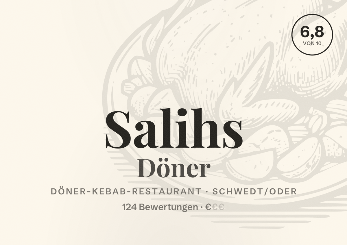 Illustriertes Poster von Salihs Döner, Döner-Kebab-Restaurant in Schwedt/Oder: Bewertung 6,8 von 10 aus 124 Bewertungen, Preisniveau €