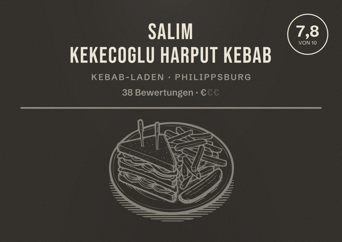 Illustriertes Poster von Salim Kekecoglu Harput Kebab, Kebab-Laden in Philippsburg: Bewertung 7,8 von 10 aus 38 Bewertungen, Preisniveau €