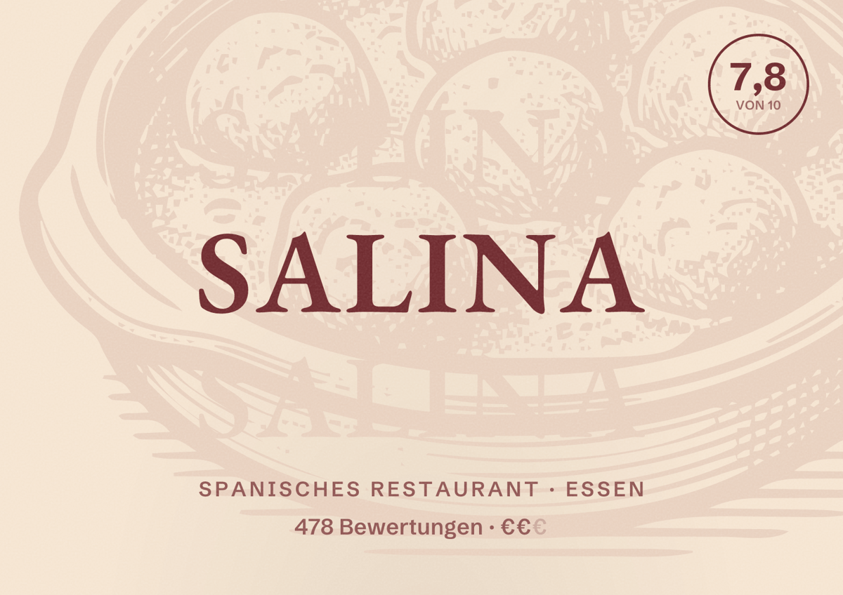 Illustriertes Poster von Salina, Spanisches Restaurant in Essen: Bewertung 7,8 von 10 aus 478 Bewertungen, Preisniveau €€