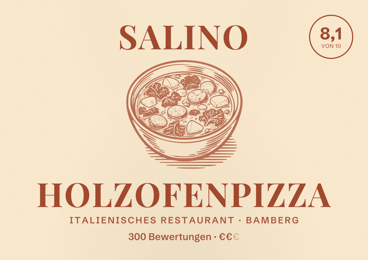 Illustriertes Poster von Salino Holzofenpizza, Italienisches Restaurant in Bamberg: Bewertung 8,1 von 10 aus 300 Bewertungen, Preisniveau €€