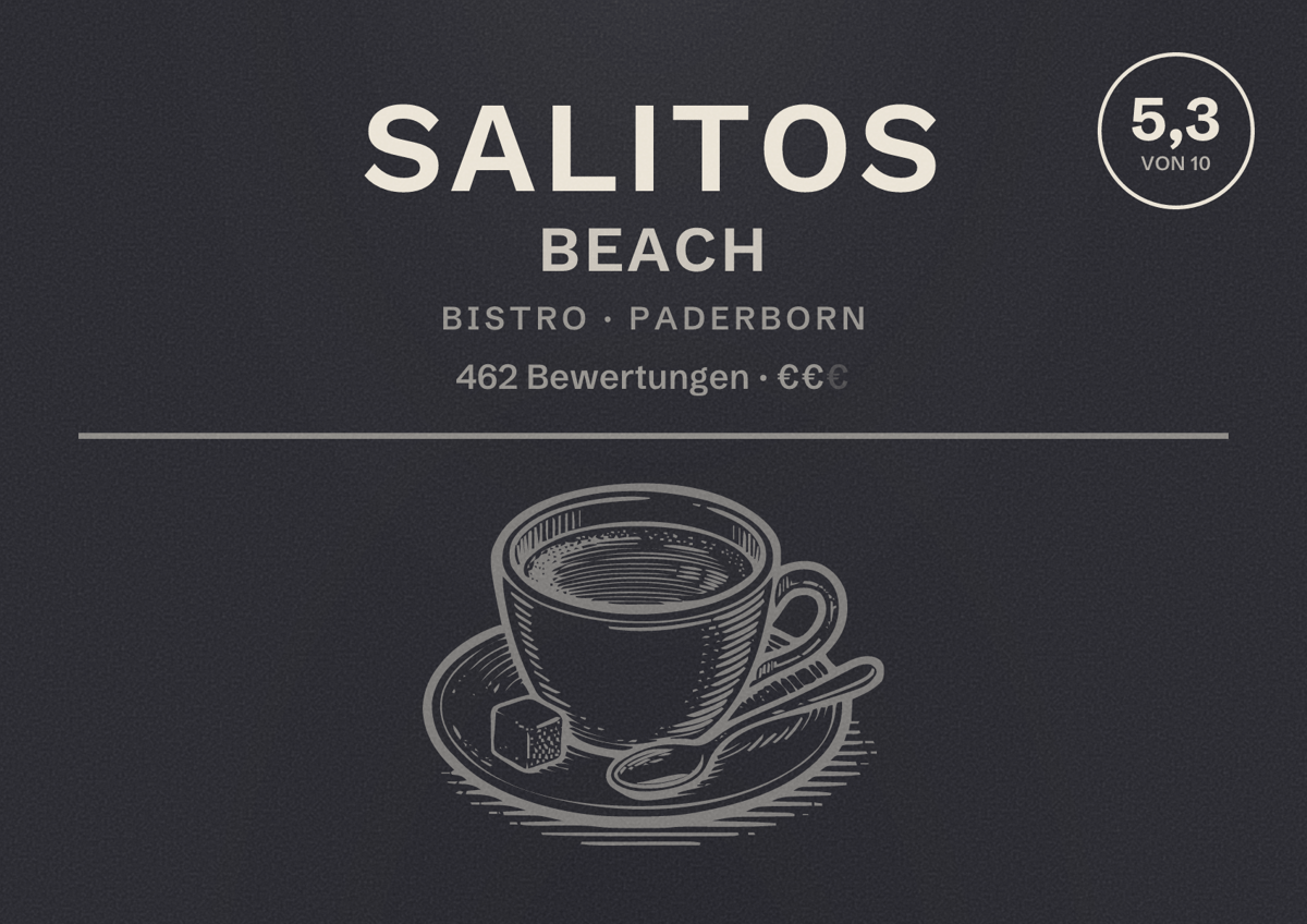 Illustriertes Poster von Salitos Beach, Bistro in Paderborn: Bewertung 5,3 von 10 aus 462 Bewertungen, Preisniveau €€
