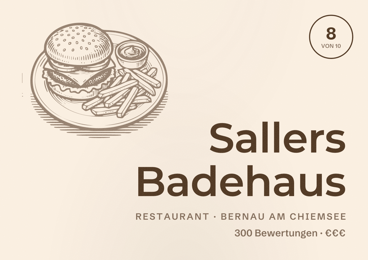 Illustriertes Poster von Sallers Badehaus, Restaurant in Bernau am Chiemsee: Bewertung 8 von 10 aus 300 Bewertungen, Preisniveau €€€