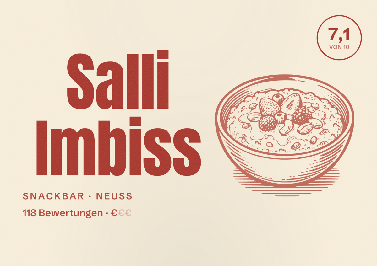 Illustriertes Poster von Salli Imbiss, Snackbar in Neuss: Bewertung 7,1 von 10 aus 118 Bewertungen, Preisniveau €