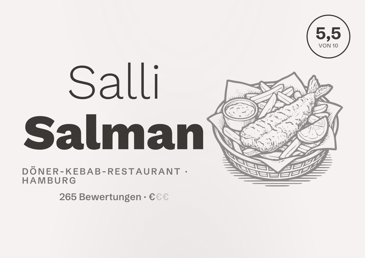 Illustriertes Poster von Salli Salman, Döner-Kebab-Restaurant in Hamburg: Bewertung 5,5 von 10 aus 265 Bewertungen, Preisniveau €
