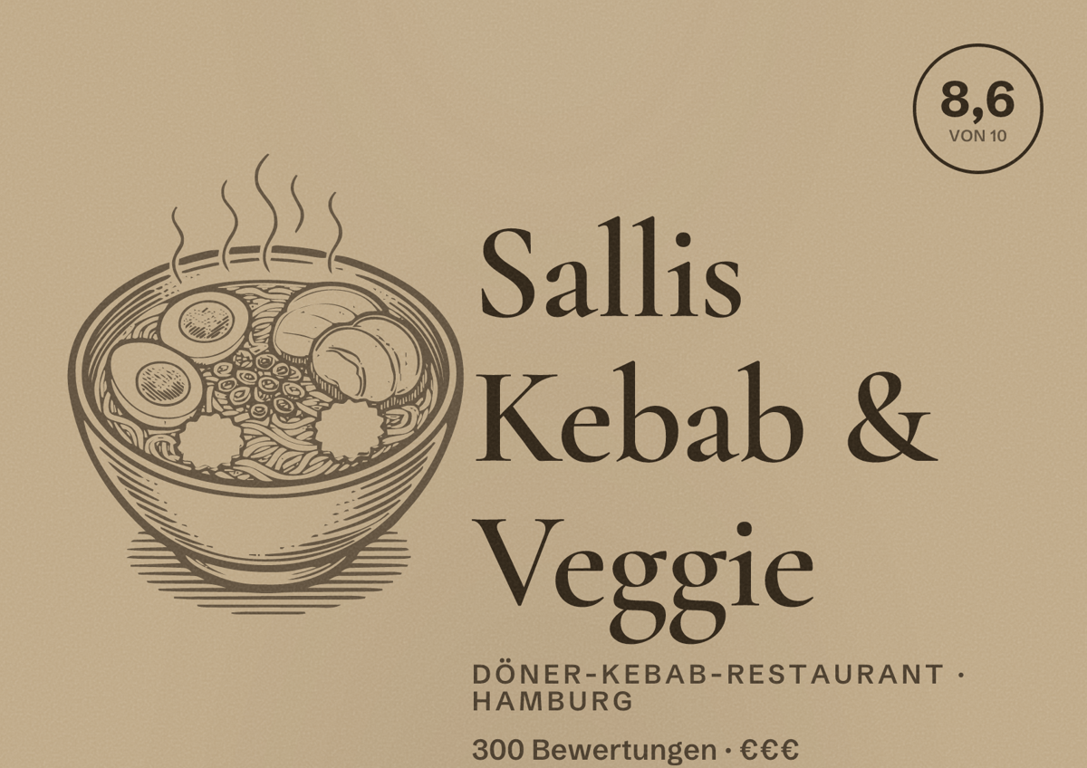 Illustriertes Poster von Sallis Kebab & Veggie, Döner-Kebab-Restaurant in Hamburg: Bewertung 8,6 von 10 aus 300 Bewertungen, Preisniveau €€€