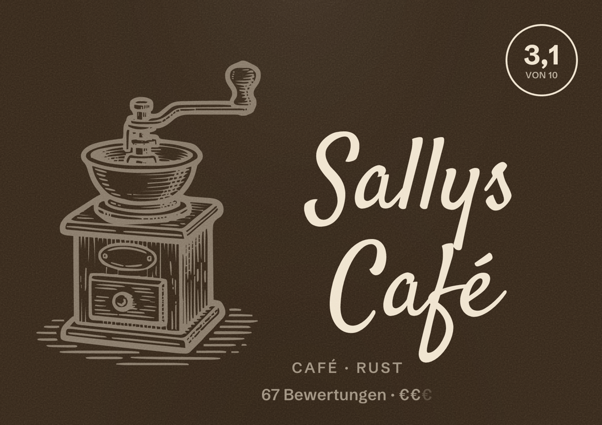 Illustriertes Poster von Sallys Café, Café in Rust: Bewertung 3,1 von 10 aus 67 Bewertungen, Preisniveau €€