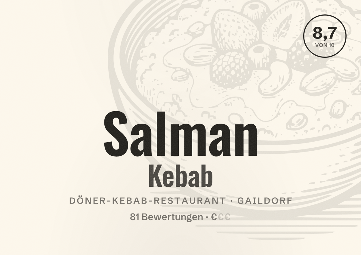 Illustriertes Poster von Salman Kebab, Döner-Kebab-Restaurant in Gaildorf: Bewertung 8,7 von 10 aus 81 Bewertungen, Preisniveau €