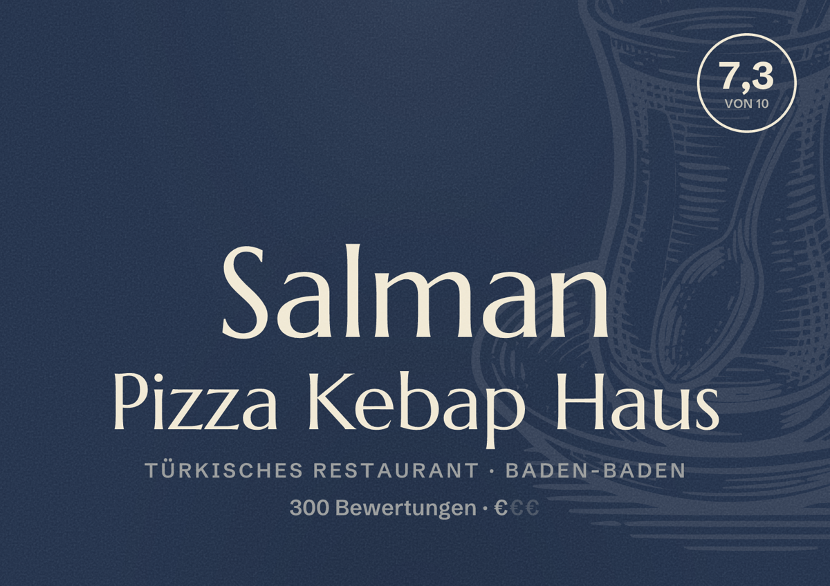 Illustriertes Poster von Salman Pizza Kebap Haus, Türkisches Restaurant in Baden-Baden: Bewertung 7,3 von 10 aus 300 Bewertungen, Preisniveau €