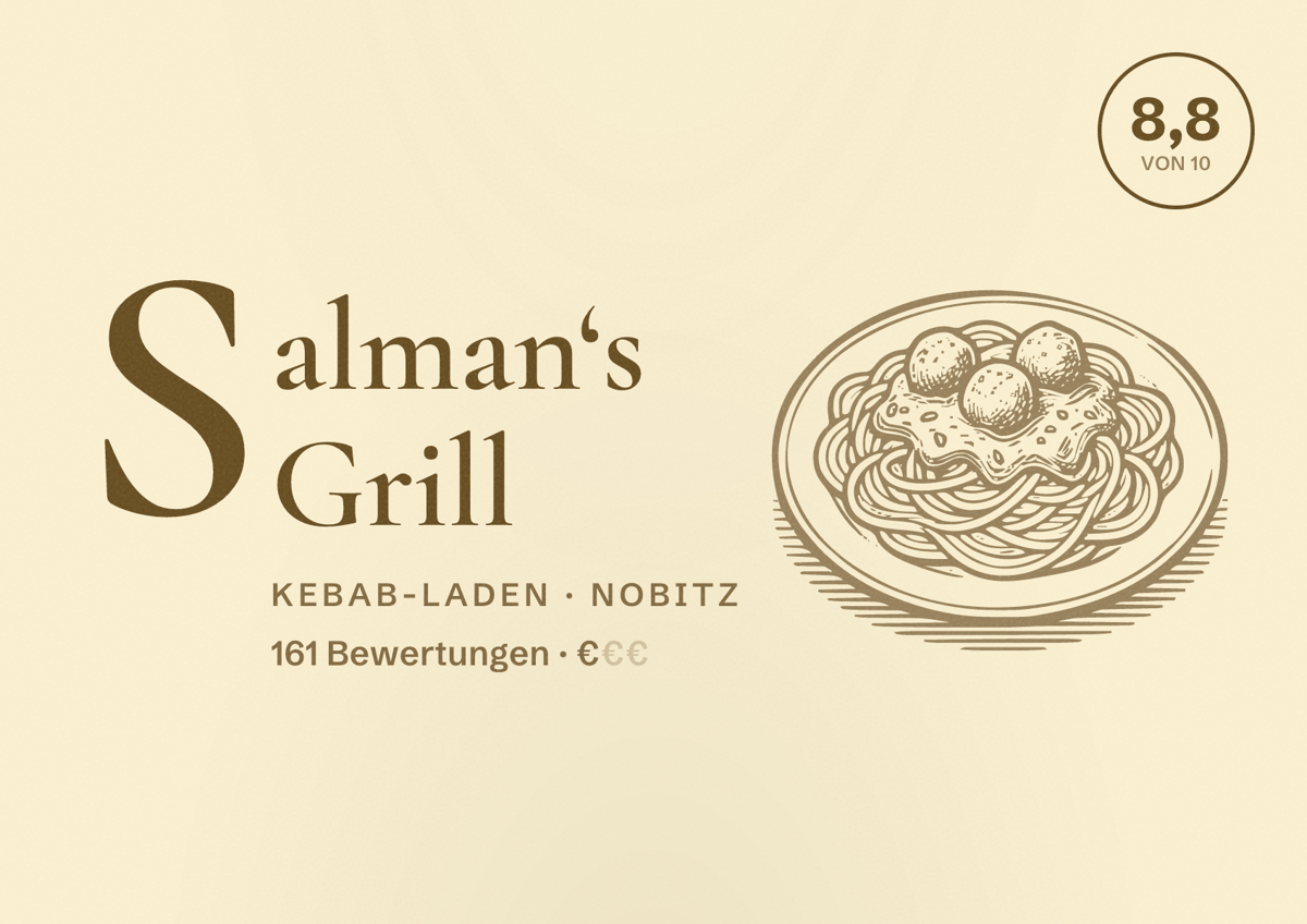 Illustriertes Poster von Salman‘s Grill, Kebab-Laden in Nobitz: Bewertung 8,8 von 10 aus 161 Bewertungen, Preisniveau €