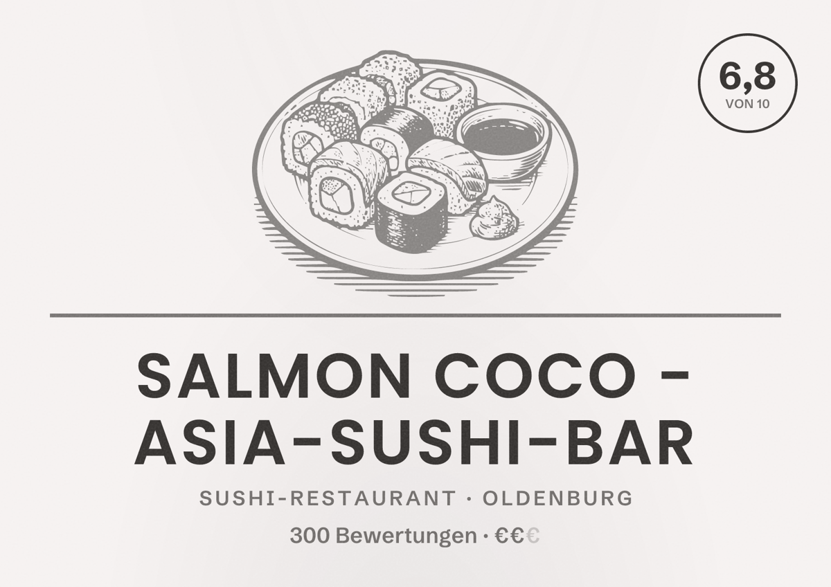 Illustriertes Poster von Salmon coco - Asia-Sushi-Bar, Sushi-Restaurant in Oldenburg: Bewertung 6,8 von 10 aus 300 Bewertungen, Preisniveau €€