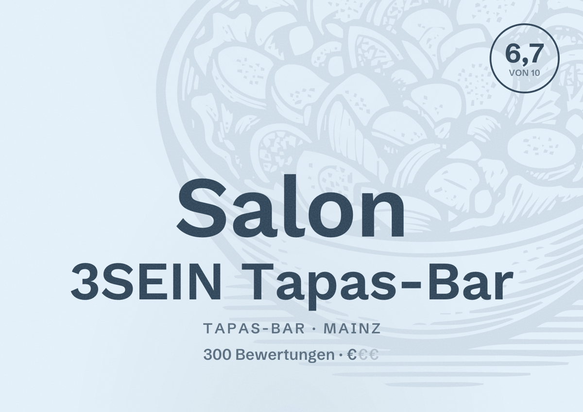 Illustriertes Poster von Salon 3SEIN Tapas-Bar, Tapas-Bar in Mainz: Bewertung 6,7 von 10 aus 300 Bewertungen, Preisniveau €
