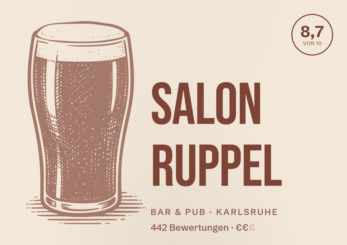Illustriertes Poster von Salon Ruppel, Bar & Pub in Karlsruhe: Bewertung 8,7 von 10 aus 442 Bewertungen, Preisniveau €€