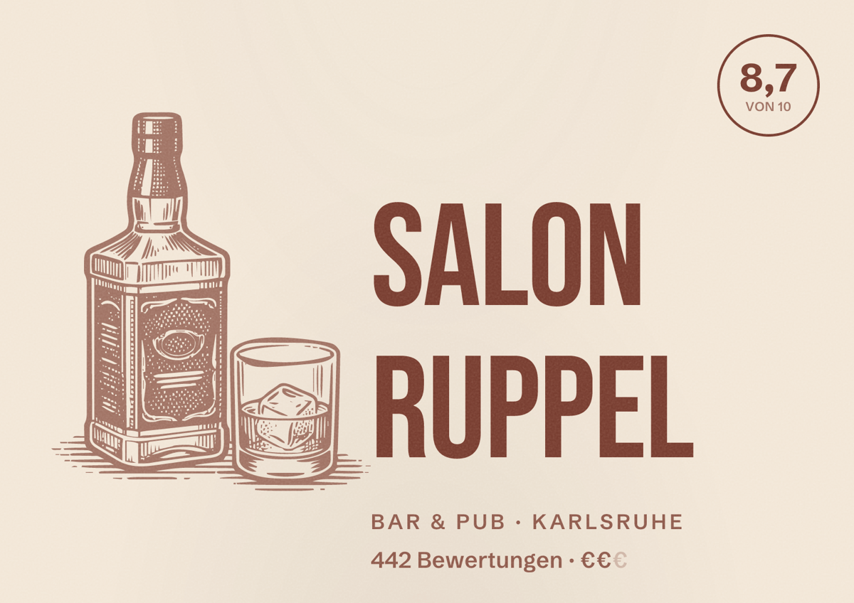 Illustriertes Poster von Salon Ruppel, Bar & Pub in Karlsruhe: Bewertung 8,7 von 10 aus 442 Bewertungen, Preisniveau €€