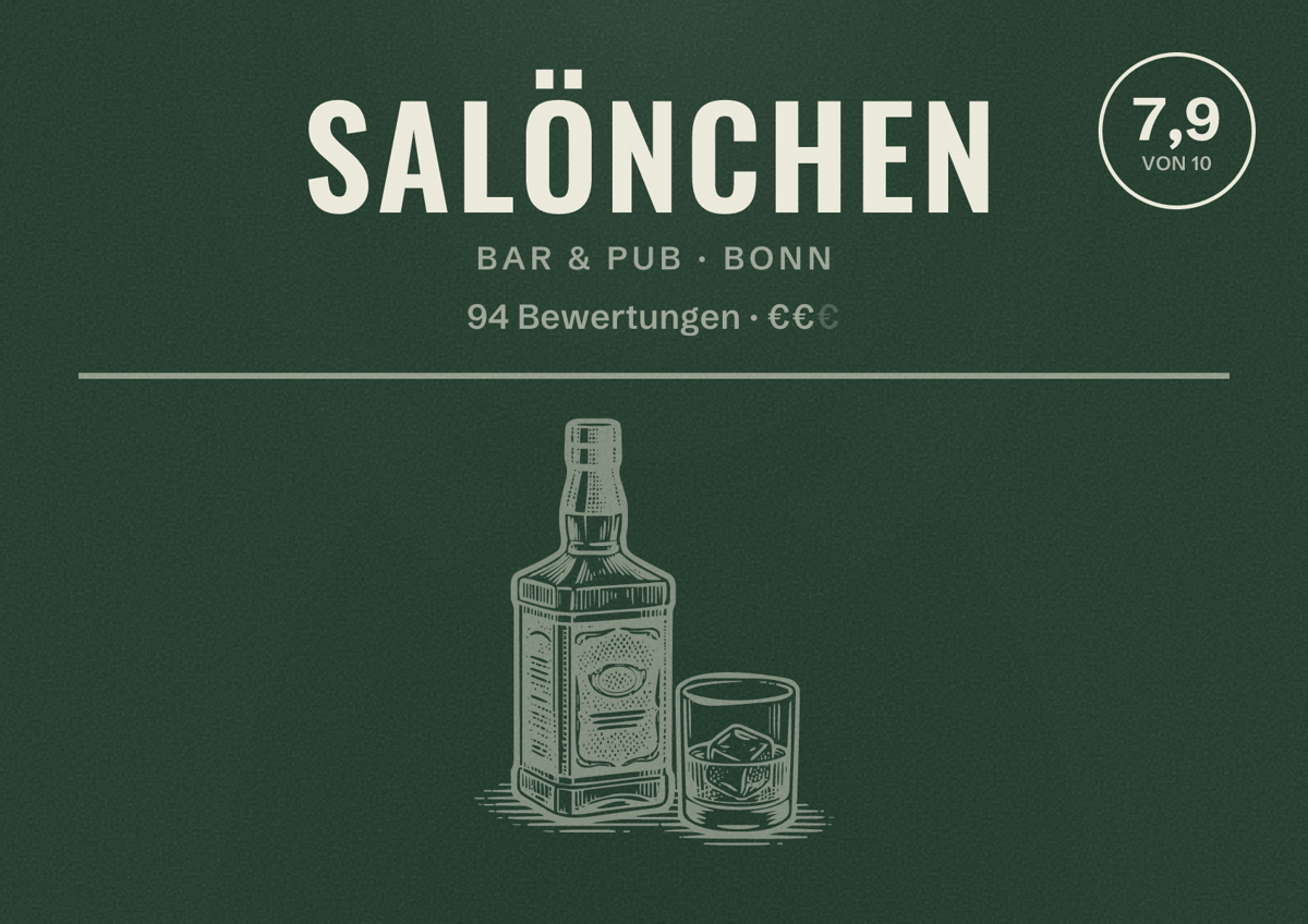 Illustriertes Poster von Salönchen, Bar & Pub in Bonn: Bewertung 7,9 von 10 aus 94 Bewertungen, Preisniveau €€
