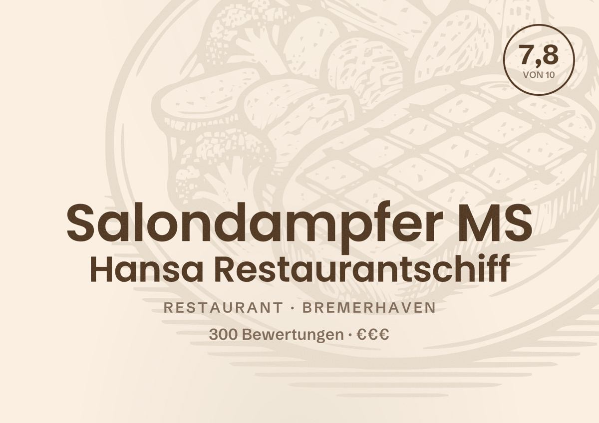 Illustriertes Poster von Salondampfer MS Hansa Restaurantschiff, Restaurant in Bremerhaven: Bewertung 7,8 von 10 aus 300 Bewertungen, Preisniveau €€€