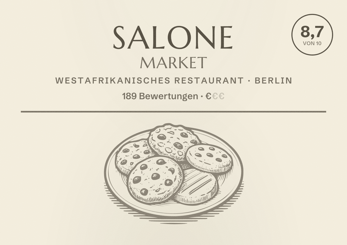 Illustriertes Poster von Salone Market, Westafrikanisches Restaurant in Berlin: Bewertung 8,7 von 10 aus 189 Bewertungen, Preisniveau €