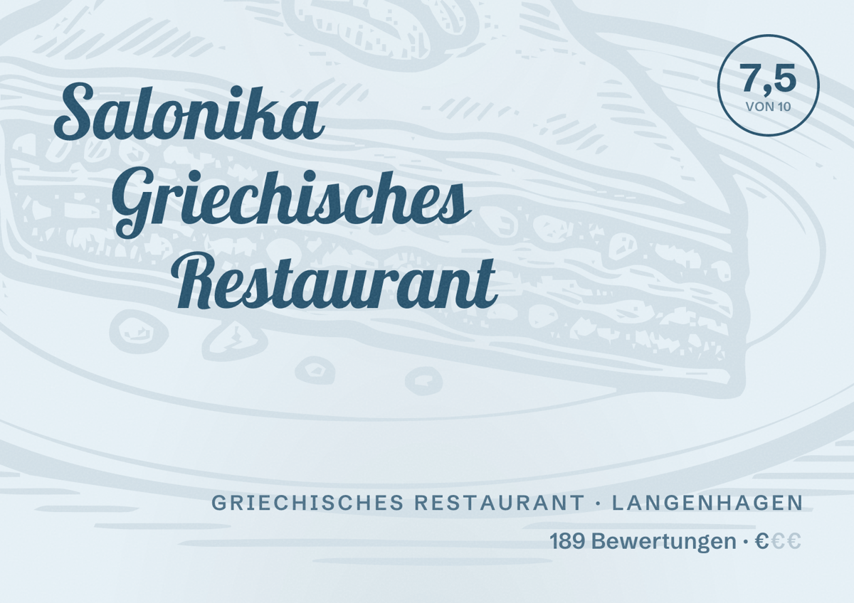 Illustriertes Poster von Salonika Griechisches Restaurant, Griechisches Restaurant in Langenhagen: Bewertung 7,5 von 10 aus 189 Bewertungen, Preisniveau €