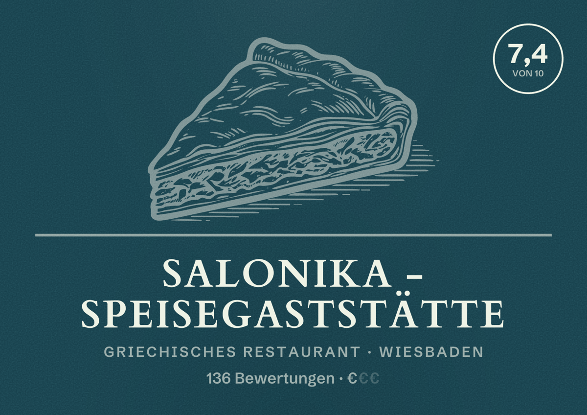 Illustriertes Poster von SALONIKA - Speisegaststätte, Griechisches Restaurant in Wiesbaden: Bewertung 7,4 von 10 aus 136 Bewertungen, Preisniveau €
