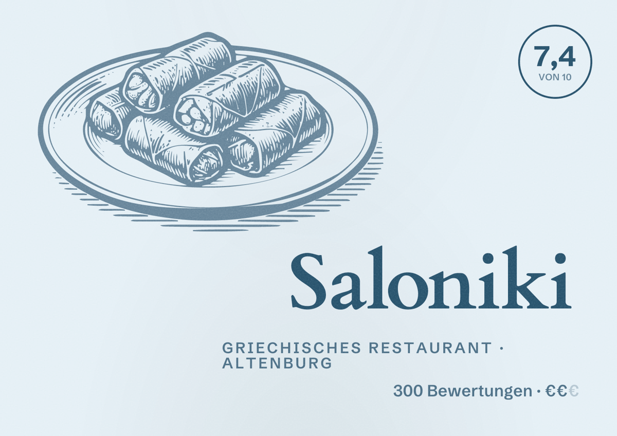 Illustriertes Poster von Saloniki, Griechisches Restaurant in Altenburg: Bewertung 7,4 von 10 aus 300 Bewertungen, Preisniveau €€