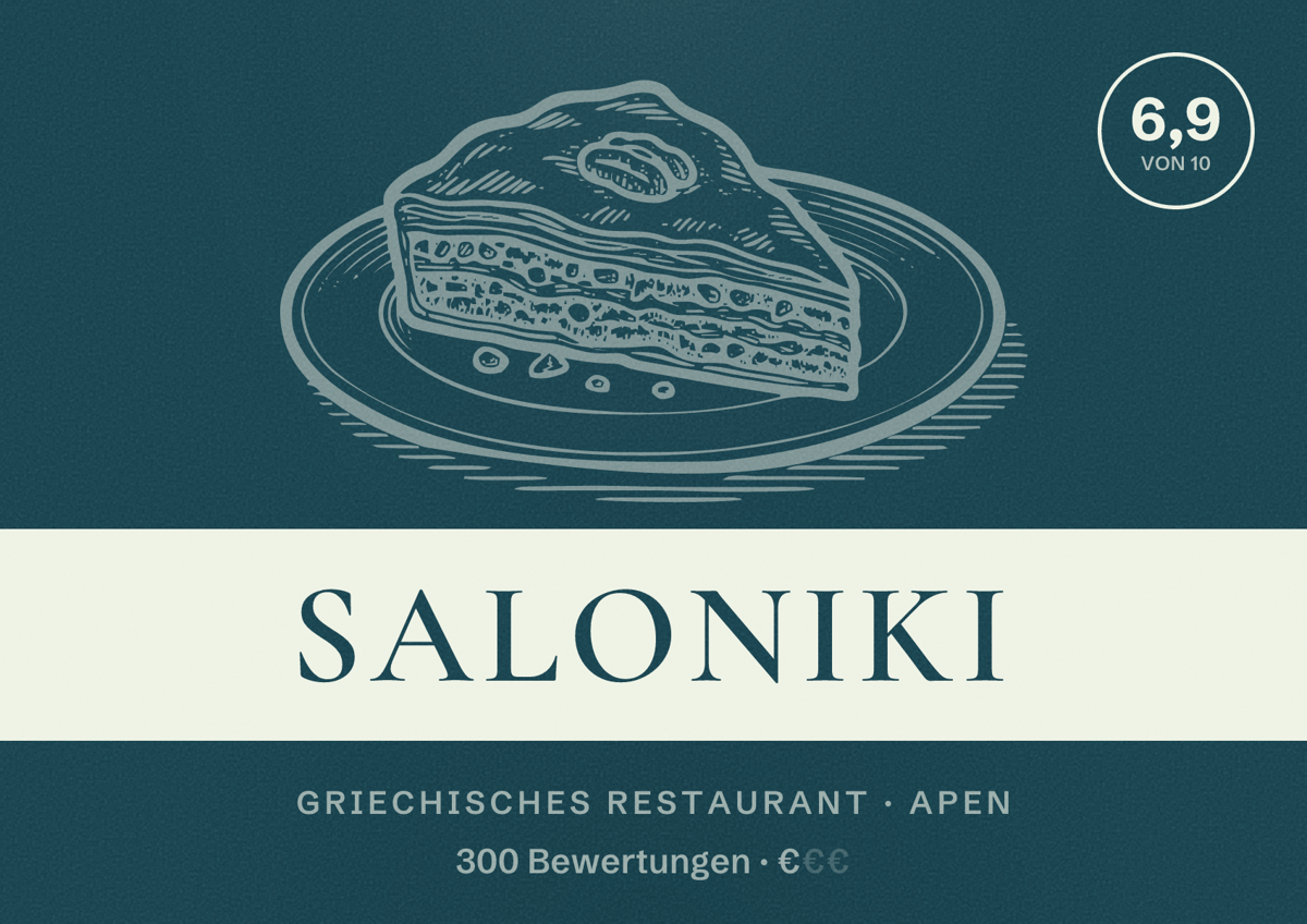Illustriertes Poster von Saloniki, Griechisches Restaurant in Apen: Bewertung 6,9 von 10 aus 300 Bewertungen, Preisniveau €