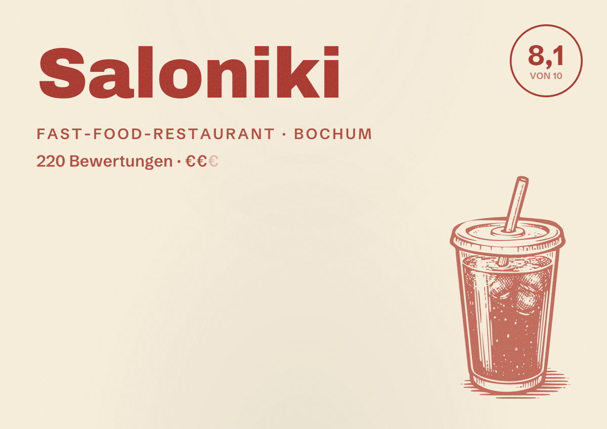 Illustriertes Poster von Saloniki, Fast-Food-Restaurant in Bochum: Bewertung 8,1 von 10 aus 220 Bewertungen, Preisniveau €€