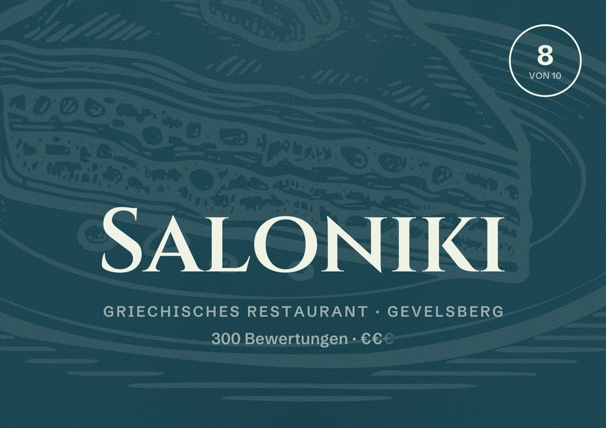 Illustriertes Poster von Saloniki, Griechisches Restaurant in Gevelsberg: Bewertung 8 von 10 aus 300 Bewertungen, Preisniveau €€