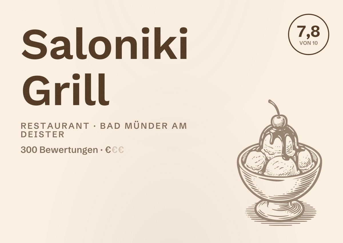 Illustriertes Poster von Saloniki Grill, Restaurant in Bad Münder am Deister: Bewertung 7,8 von 10 aus 300 Bewertungen, Preisniveau €