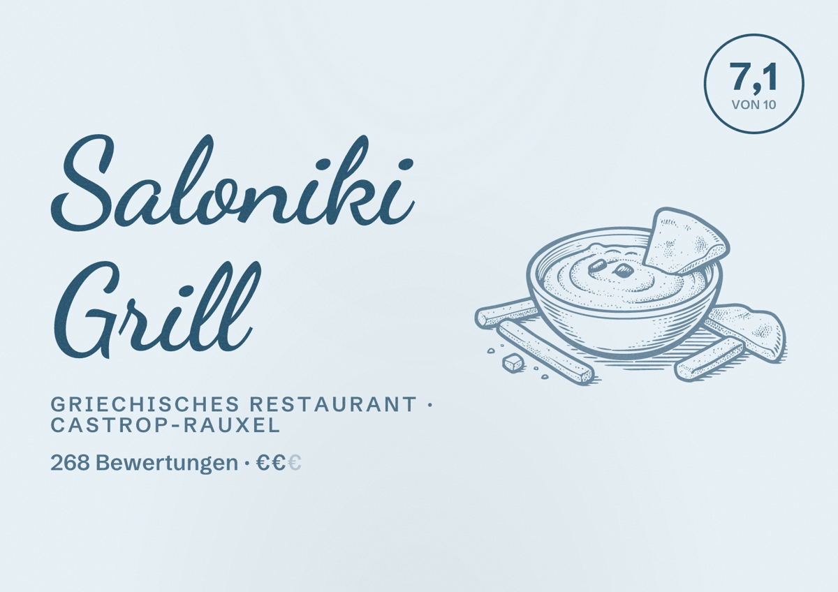 Illustriertes Poster von Saloniki Grill, Griechisches Restaurant in Castrop-Rauxel: Gästebewertung 7,1 von 10 aus 268 Bewertungen